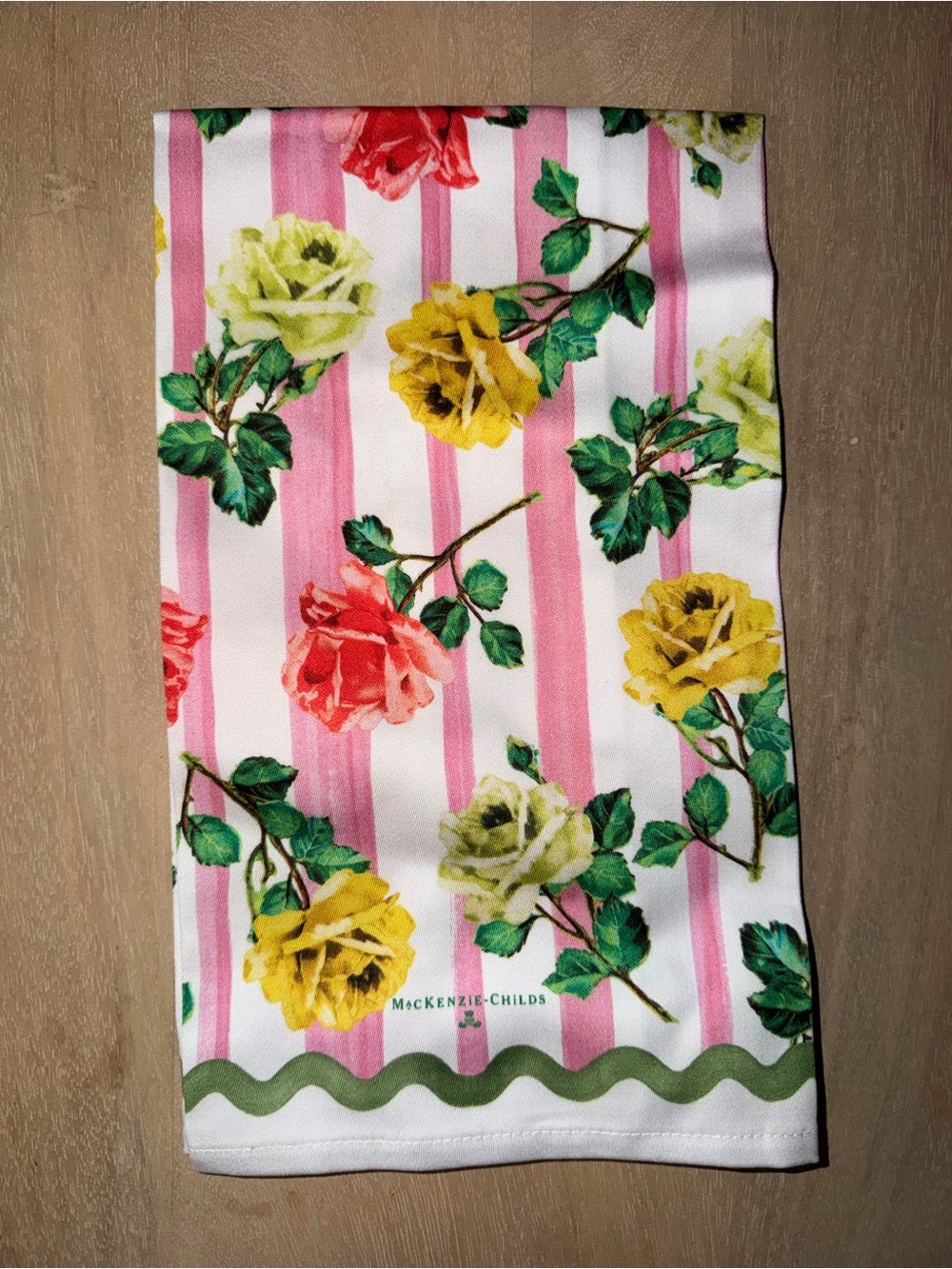 MacKenzie-Childs Floral Tea Towel Pink Stripe Rose Kitchen Towel Cottagecore